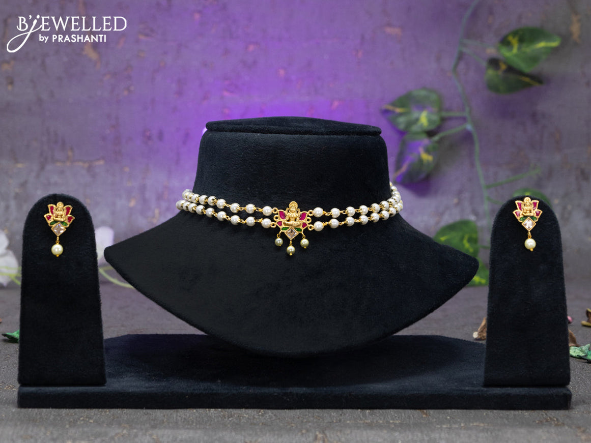 Pearl choker lakshmi design with kemp and cz stones and pearl hangings