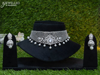 Zircon choker leaf design with cz stones and pearl hangings