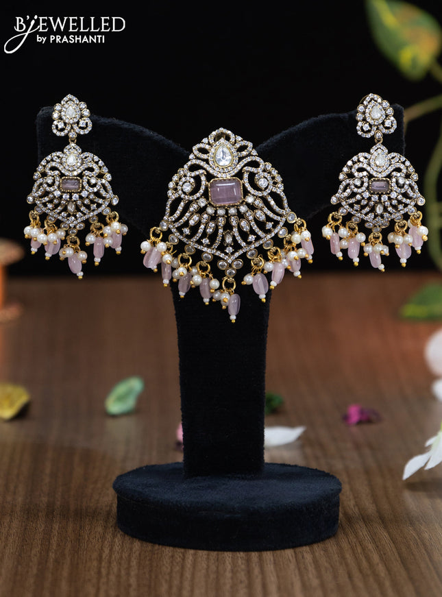 Victorian finish pendant set with baby pink & cz stones and beads hangings