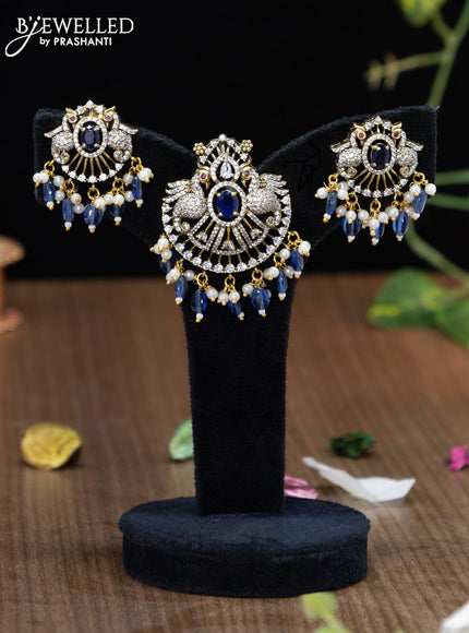 Victorian finish pendant set peacock design with sapphire & cz stones and beads hanging