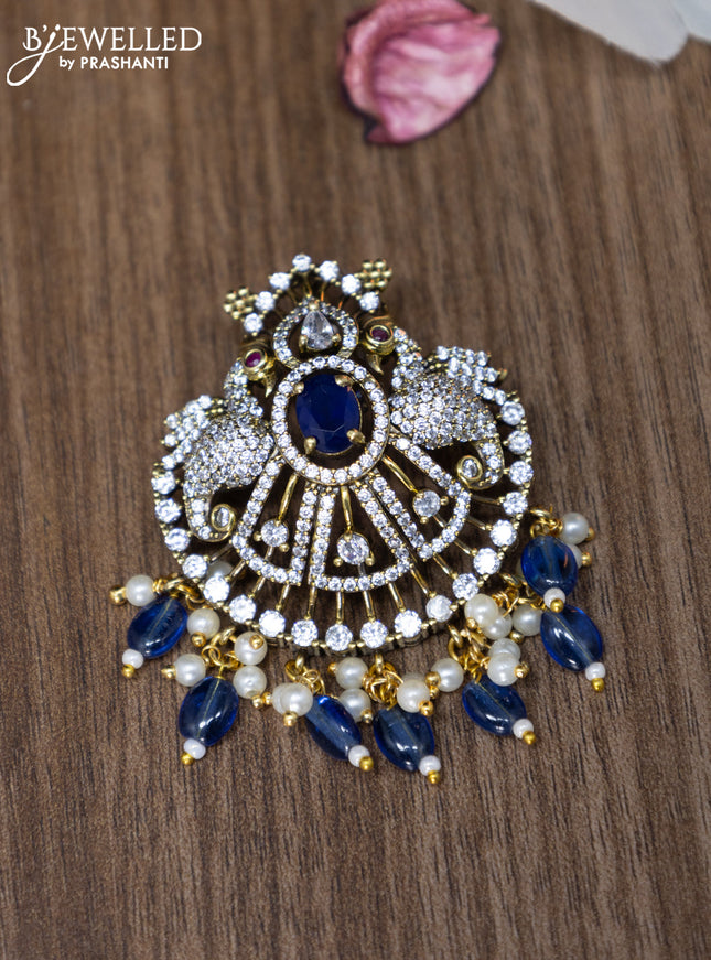 Victorian finish pendant set peacock design with sapphire & cz stones and beads hanging