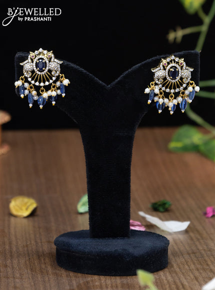 Victorian finish pendant set peacock design with sapphire & cz stones and beads hanging