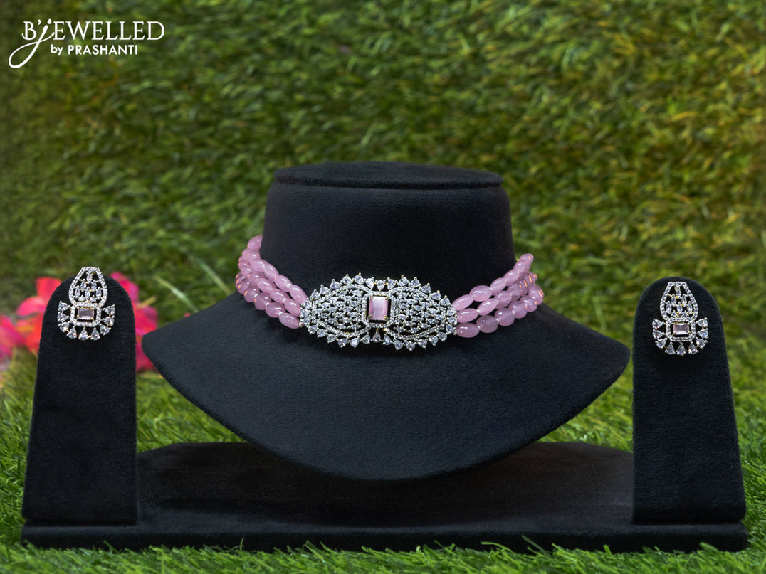 Beaded baby pink choker with baby pink and cz stones
