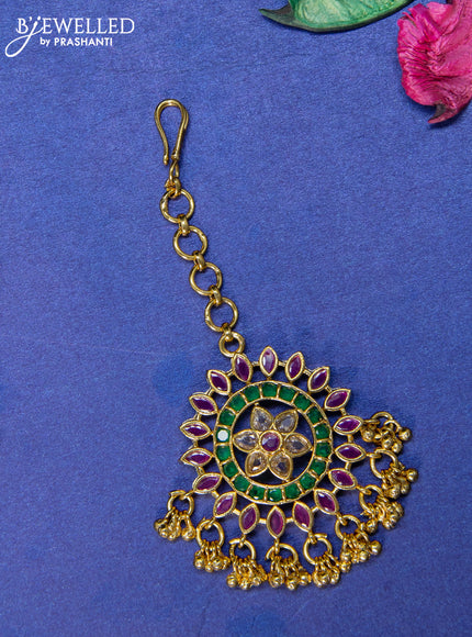 Antique maang tikka floral design with kemp & cz stones and golden beads hangings
