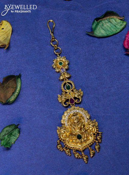 Antique maang tikka lakshmi design with kemp & cz stones and golden beads hangings