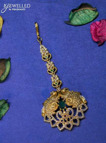 Antique maang tikka peacock design with kemp and cz stones