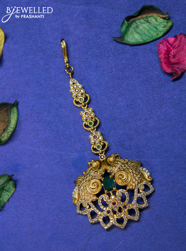 Antique maang tikka peacock design with kemp and cz stones