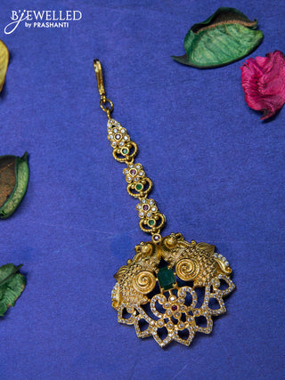 Antique maang tikka peacock design with kemp and cz stones