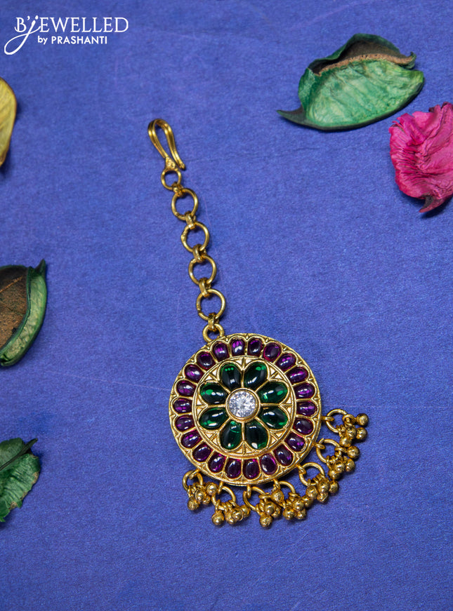 Antique maang tikka floral design with kemp & cz stones and golden beads hangings