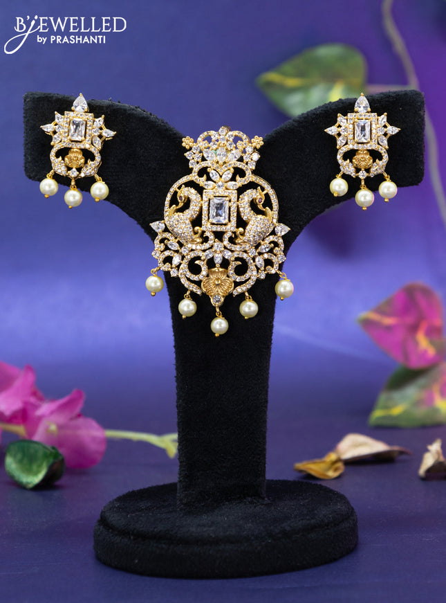 Antique pendant set peacock design with cz stones and pearl hangings
