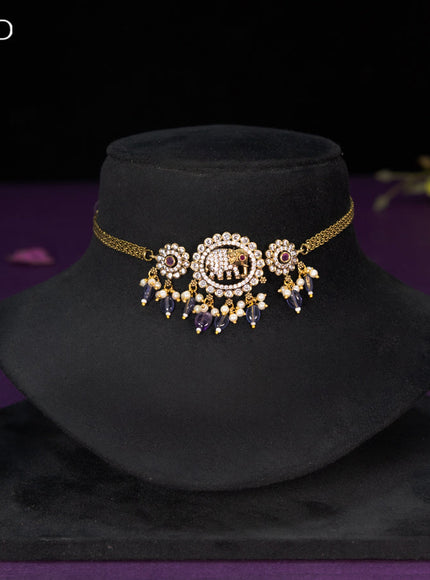 Choker elephant design with ruby & cz stones and violet beads hangings in victorian finish