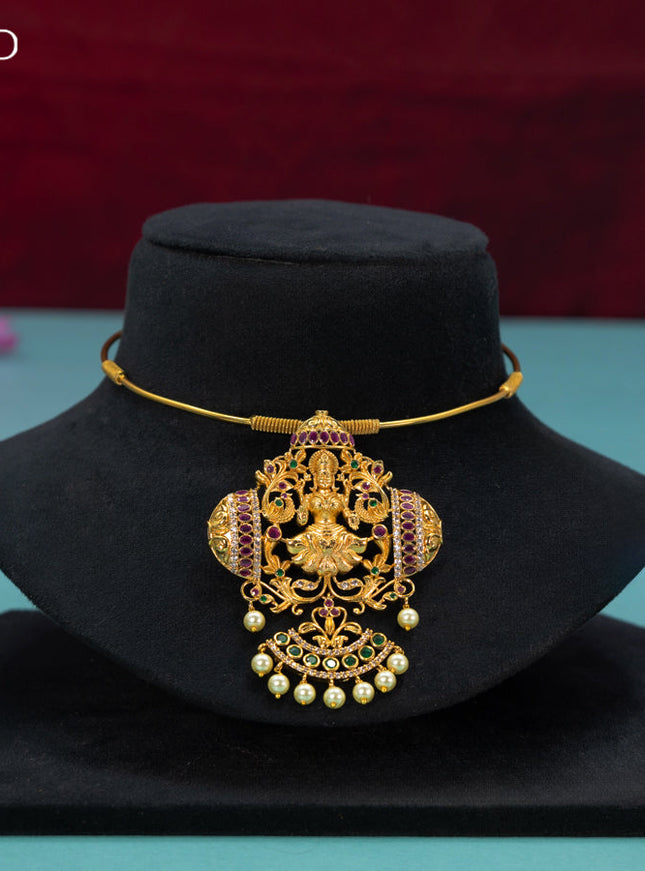 Antique ring type choker kemp & cz stones with lakshmi pendant and pearl hangings