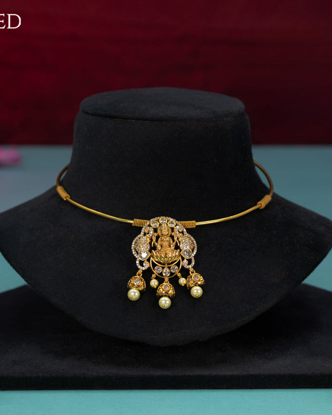 Antique ring type choker cz stones with lakshmi pendant and pearl hangings