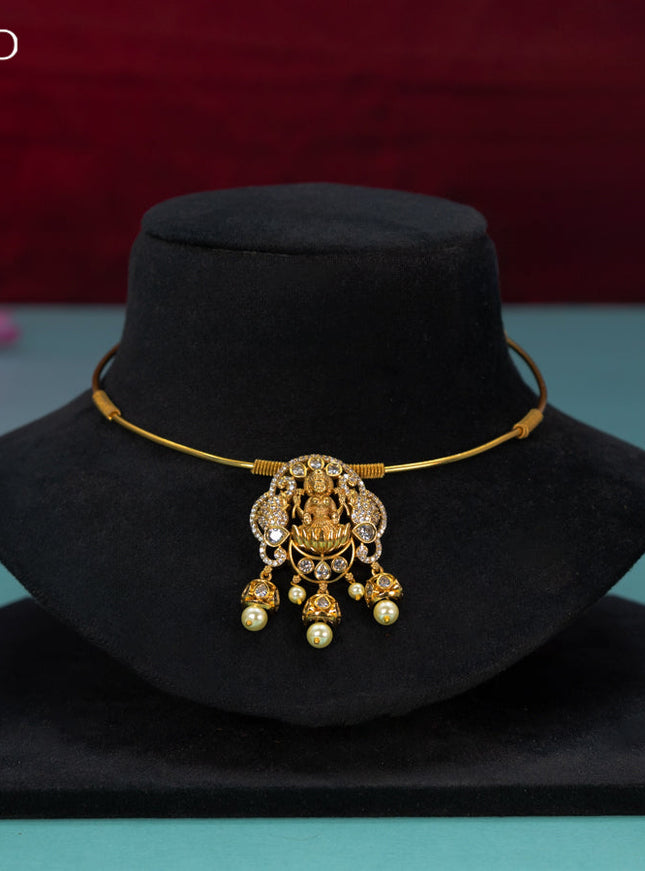 Antique ring type choker cz stones with lakshmi pendant and pearl hangings