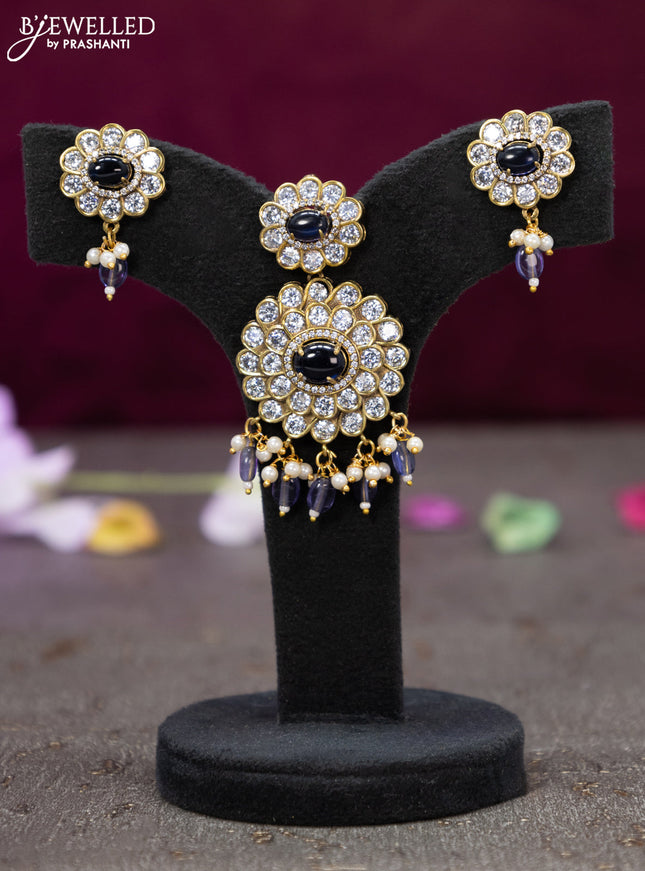 Victorian finish pendant set floral design with sapphire & cz stones and beads hanging