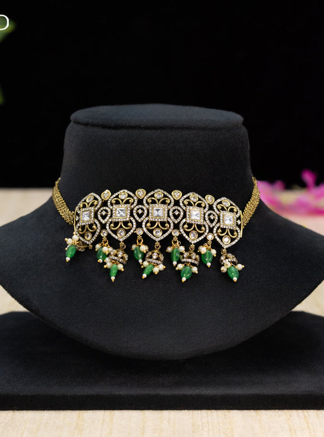 Choker with cz stones and green beads hangings in victorian finish
