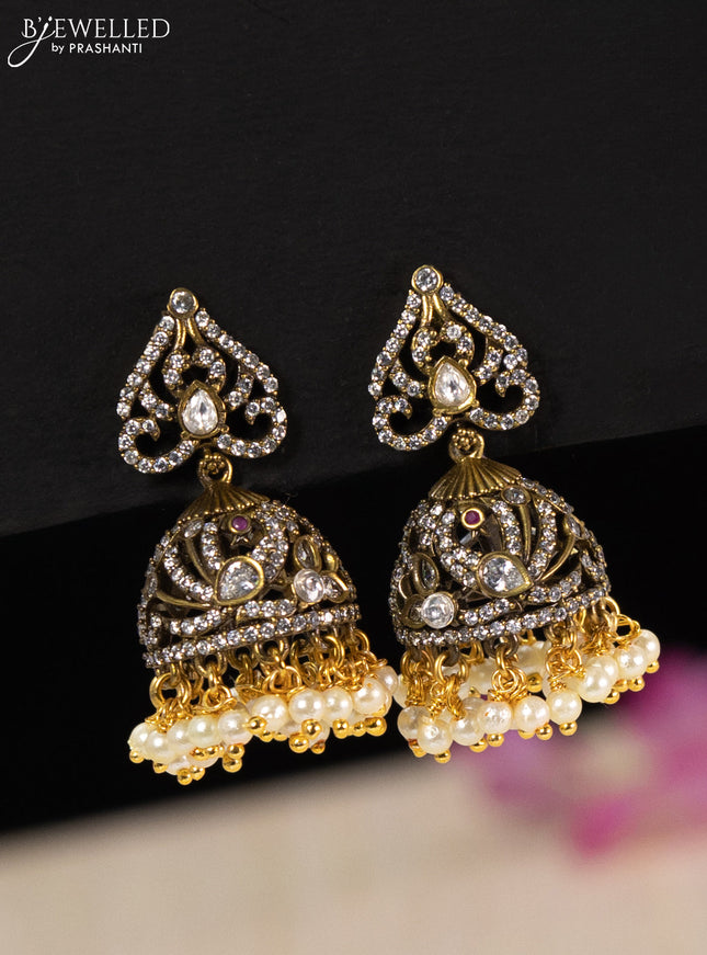 Choker peacock design with ruby & cz stones and beads hangings in victorian finish