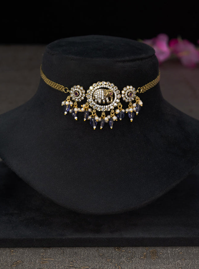 Choker elephant design with ruby & cz stones and violet beads hangings in victorian finish