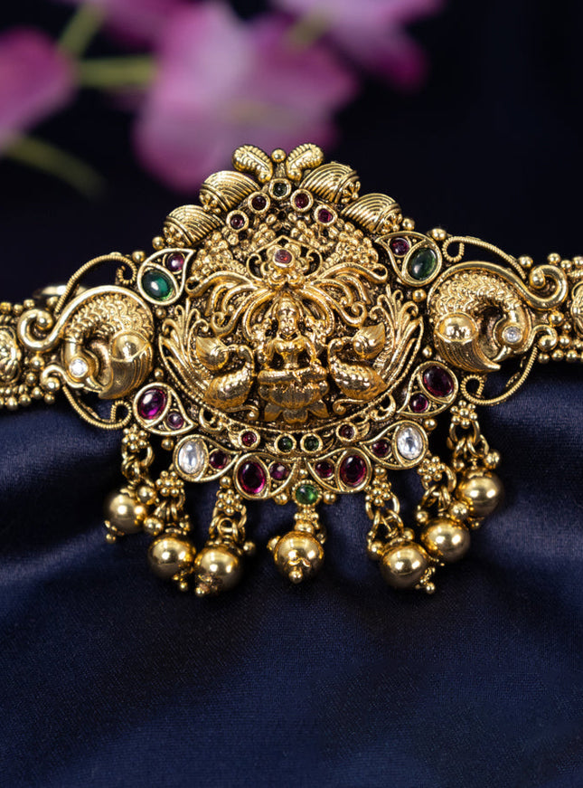 Antique hair clip big size lakshmi design with kemp & cz stones and golden beads hangings