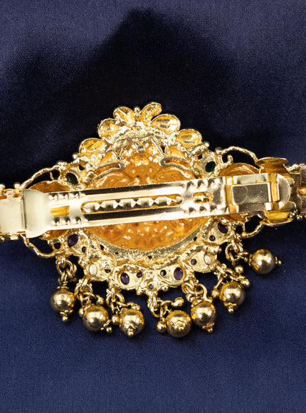 Antique hair clip big size lakshmi design with kemp & cz stones and golden beads hangings
