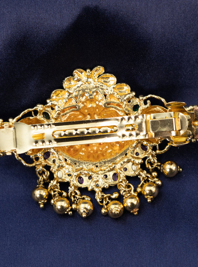 Antique hair clip big size lakshmi design with kemp & cz stones and golden beads hangings