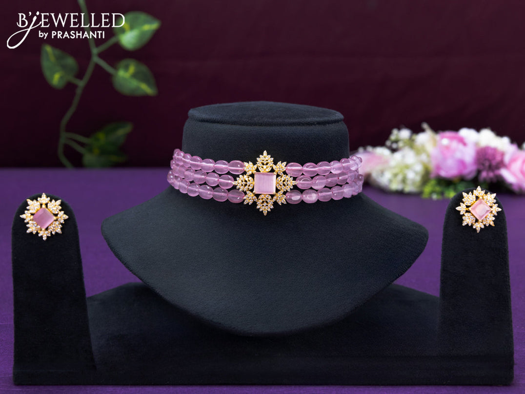 Beaded baby pink choker with cz and baby pink stone pendant