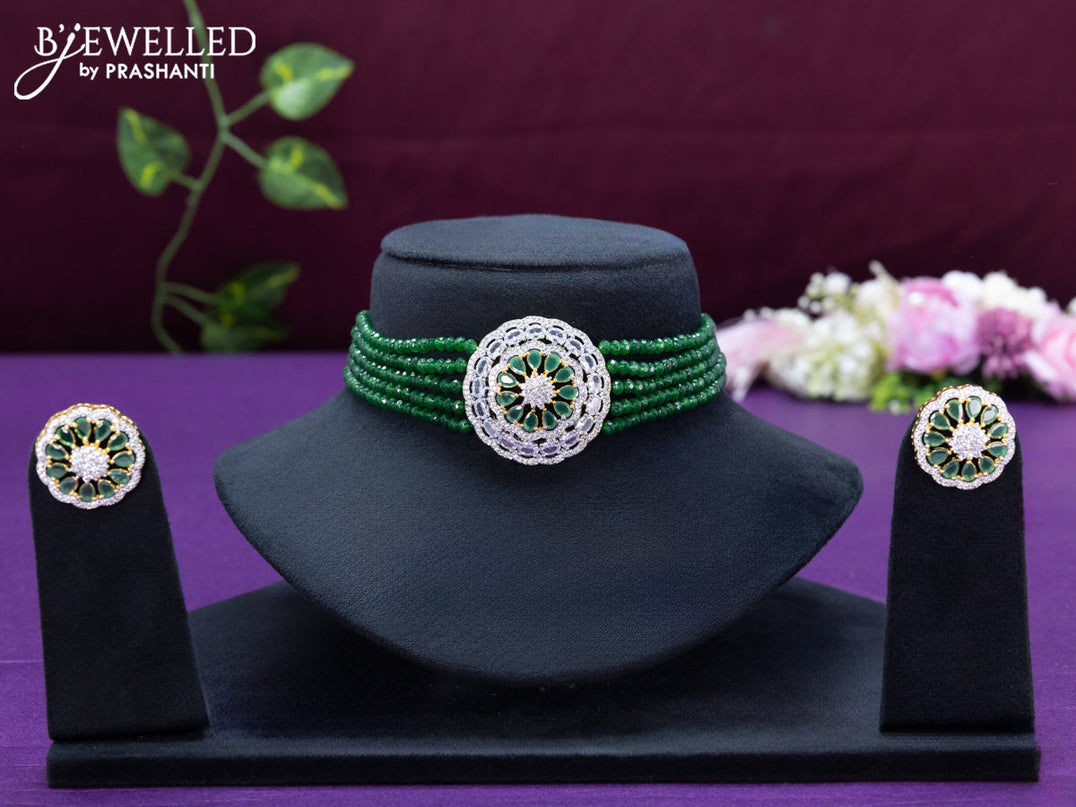 Beaded green choker with cz and emerald stone pendant