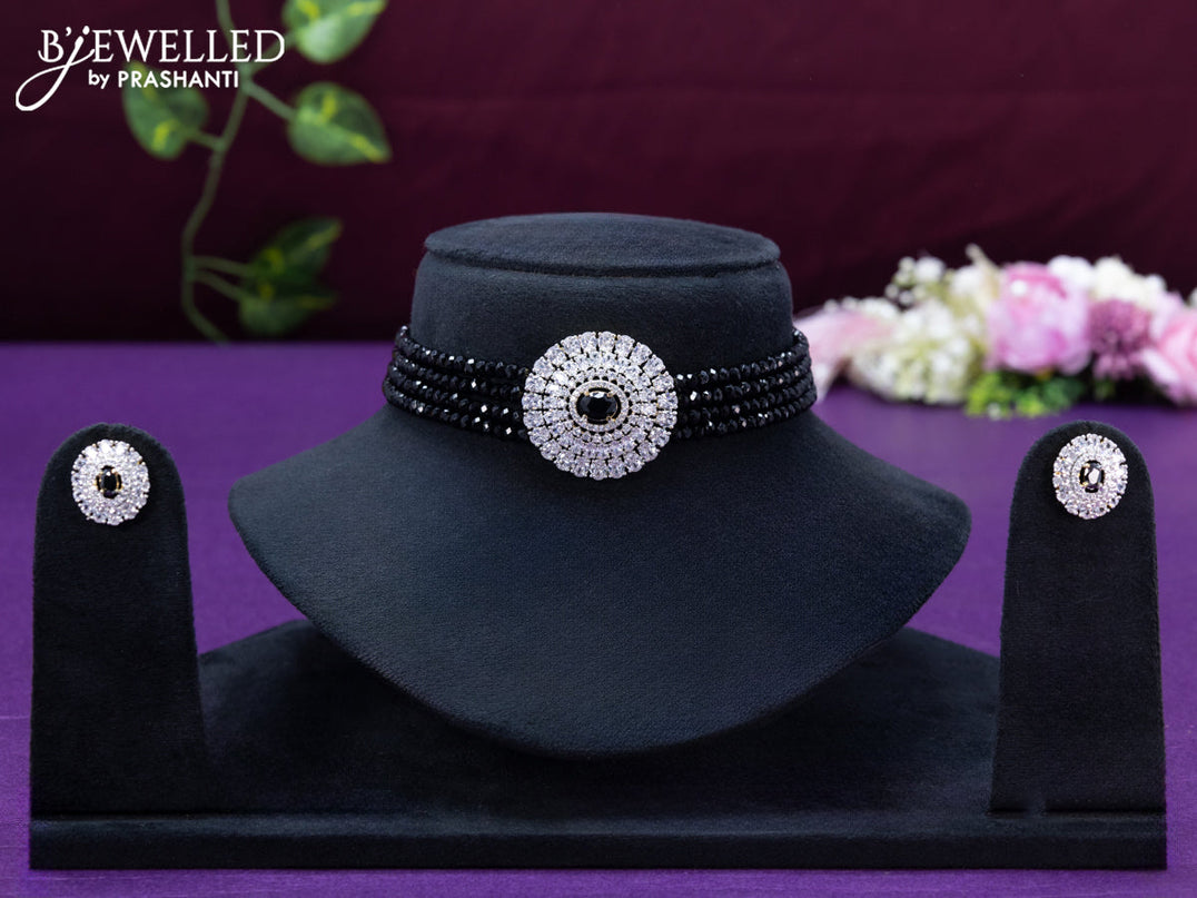 Beaded black choker with cz and black stone pendant