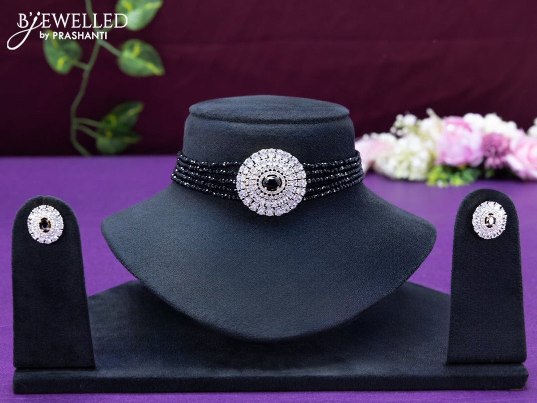 Beaded black choker with cz and black stone pendant