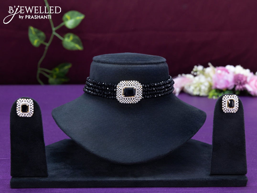 Beaded black choker with cz and black stone pendant