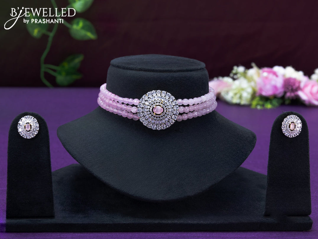 Beaded baby pink choker with cz and baby pink stone pendant
