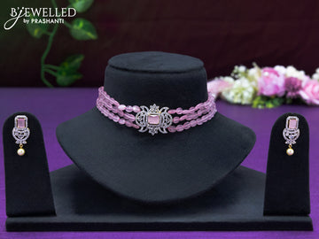 Beaded baby pink choker with cz and baby pink stone pendant