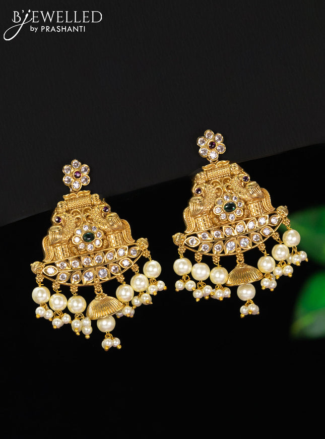 Beaded maroon necklace with kemp & cz stones and pearl hangings