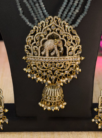 Beaded light blue necklace cz stones with elephant pendant and beads hangings in victorian finish