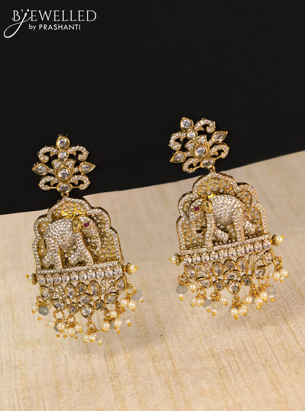 Beaded light blue necklace cz stones with elephant pendant and beads hangings in victorian finish