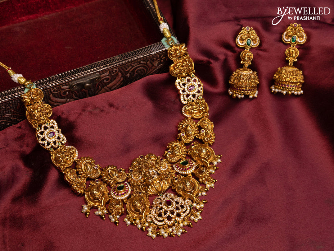 Antique necklace lakshmi & peacock design with kemp & cz stones and pearl hangings