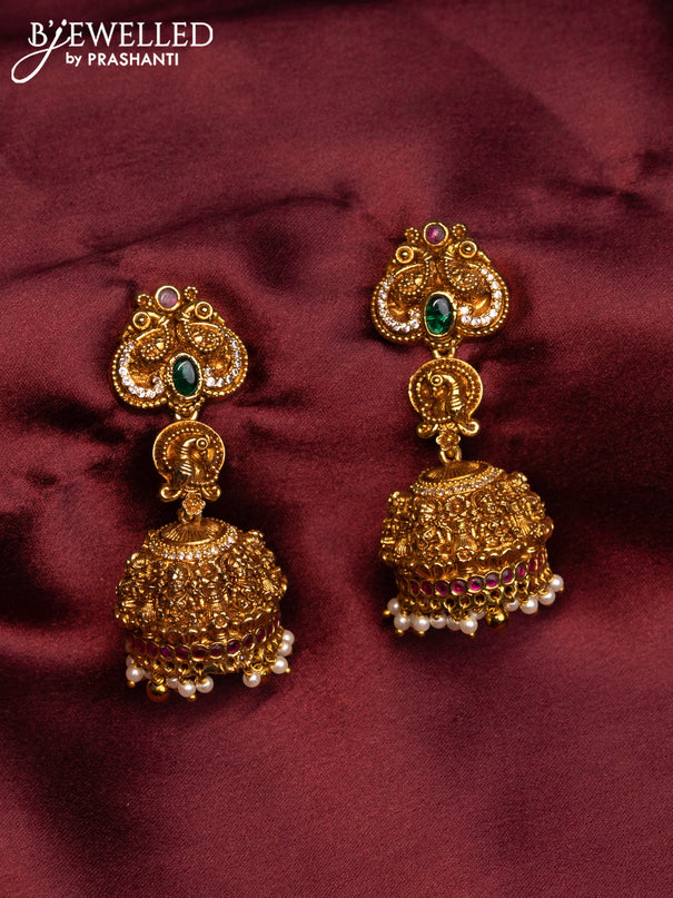 Antique necklace lakshmi & peacock design with kemp & cz stones and pearl hangings