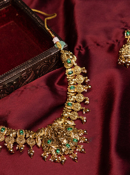 Antique necklace lakshmi design with emerald & cz stones and golden beads hangings