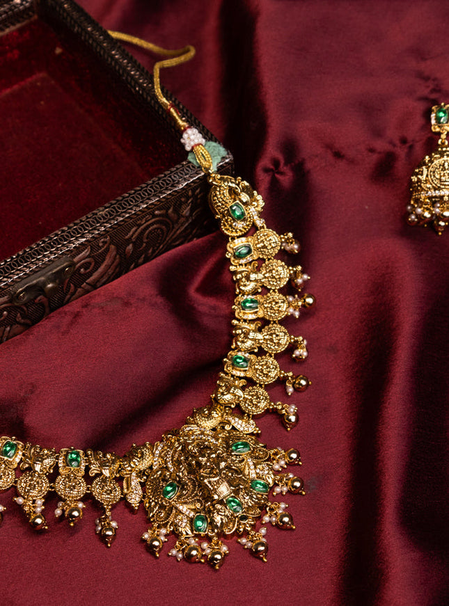 Antique necklace lakshmi design with emerald & cz stones and golden beads hangings