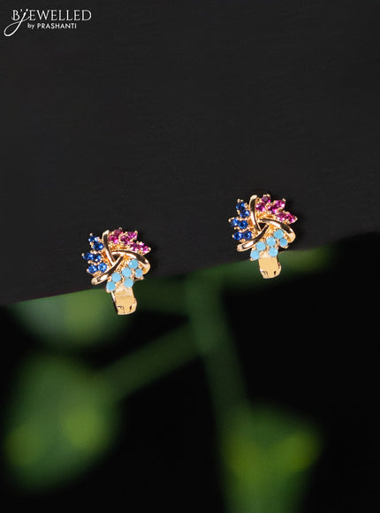 Rose gold hanging type earring with multicolour stones