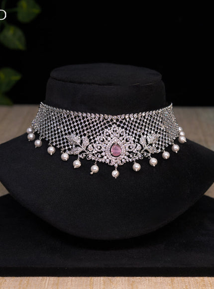Zircon choker with baby pink & cz stones and pearl hangings