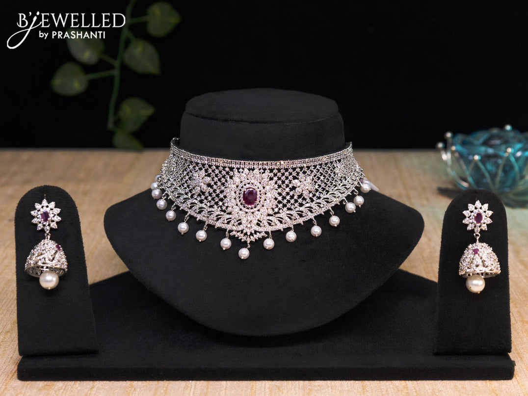 Zircon choker with ruby & cz stones and pearl hangings
