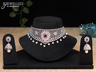 Zircon choker with ruby & cz stones and pearl hangings