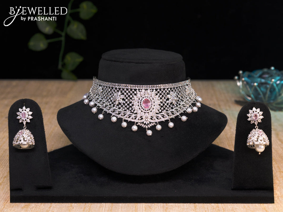Zircon choker with baby pink & cz stones and pearl hangings