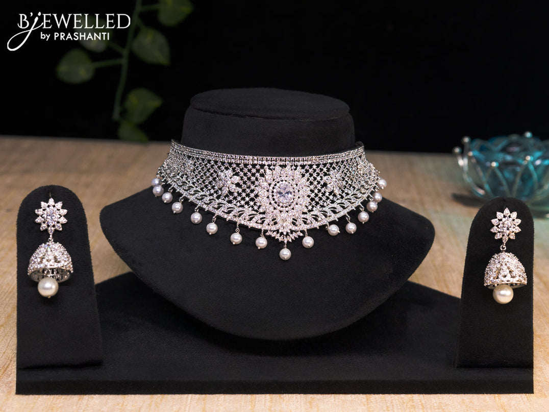 Zircon choker with cz stones and pearl hangings
