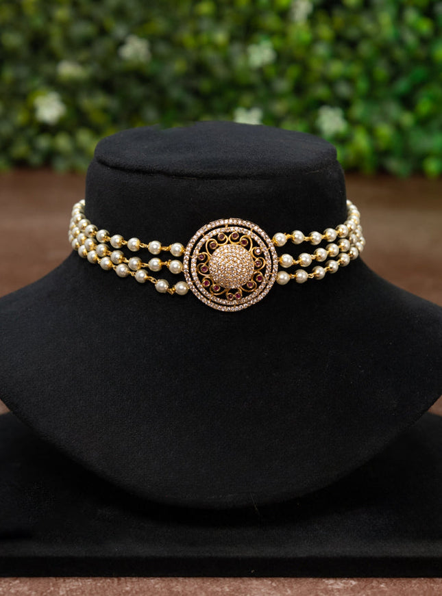 Pearl choker with ruby and cz stones pendant