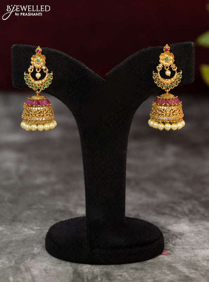 Antique jhumka with kemp & cz stones and pearl hangings