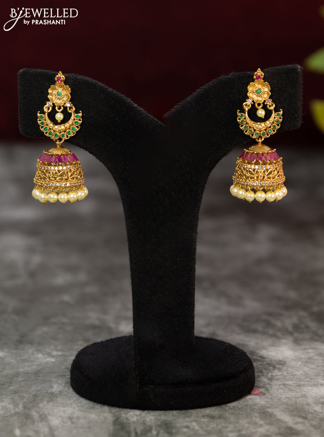 Antique jhumka with kemp & cz stones and pearl hangings
