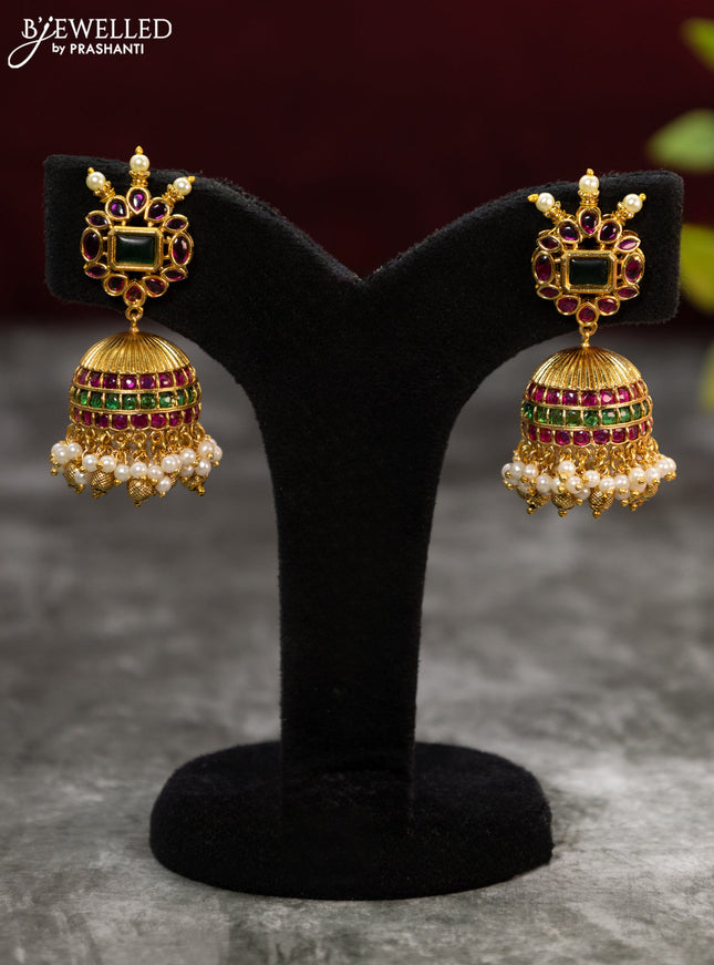 Antique jhumka with kemp stones and pearl hangings