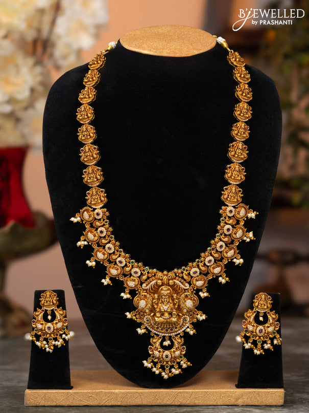 Antique haaram lakshmi design with kemp & cz stones and pearl hangings